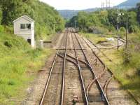 Extensive trackwork, points and lower quadrant signals to main line and up & down sidings immediately south of Abergavenny Station in July 2011. The signal box has had its moments... [see image 32284] <br><br>[David Pesterfield 14/07/2011]