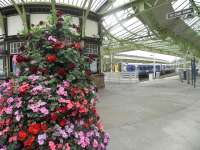 Colourful scene on the concourse at Wemyss Bay on 11 August 2011. Tiered planter courtesy of the 'Friends of Wemyss Bay Station'.<br><br>[John Yellowlees 11/08/2011]