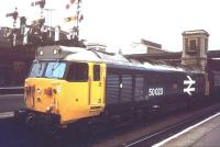 50023 <I>'Howe'</I> brings a train into Exeter St Davids in 1985.<br><br>[Ian Dinmore //1985]