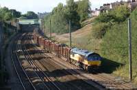 Colas Rail Freight no 66850 heads south on the up fast approaching <br>
Farington Curve Junction on 22 August 2011 with the Carlisle to Chirk log train. <br>
<br><br>[John McIntyre 22/08/2011]