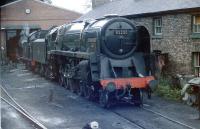 Class 9F 2-10-0 no 92220 <I>Evening Star</I> rests at Grosmont MPD in front of the now-demolished cottages in July 1986.<br><br>[Colin Miller /07/1986]