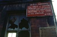 A sign near the entrance to the former High Street goods station in Glasgow, recorded during demolition in March 1985. [See image 21485]  <br><br>[Mark Dufton 17/03/1985]