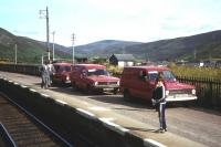 As late as 1983, as many as three Royal Mail vans wait for the train from Inverness at Helmsdale.<br><br>[Frank Spaven Collection (Courtesy David Spaven) //1983]