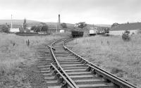 After closure of the main line, Longmorn Distillery, seen here in October 1978, adopted some of the former goods yard along with its internal rail network for movement of materials within the complex, powered by a Ruston Hornsby 48hp diesel shunter. On abandonment of the system, all track, wagons and locomotive, together with the station footbridge, were donated to the Strathspey Railway. [See image 27382]<br>
<br>
North end of the station (out of sight to left) with lifted goods yard on left.<br>
<br><br>[Bill Roberton 14/10/1978]