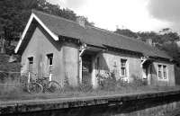 Not at all typical of West Highland Line station buildings, Beasdale (seen here in 1966) was opened as a private station for nearby Arisaig House when the Mallaig Extension began operations on 1st April 1901. However, according to John Thomas in 'The West Highland Railway' (1965), Beasdale station <i>catered for the public from its opening</i>. <br>
<br><br>[David Spaven //1966]