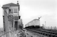 Forth Bridge North signal box being passed by a 'hybrid' dmu in July 1977.<br>
<br><br>[Bill Roberton /07/1977]