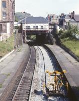 View east along the platforms at Morningside Road station in the spring of 1971, with Blackford Hill in the background.<br><br>[Bill Jamieson //1971]