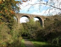 Looking up at Camps Viaduct on 10 October from the footpath on the west side of the River Almond. View is north east [see image 35972]<br><br>[John Furnevel 10/10/2011]