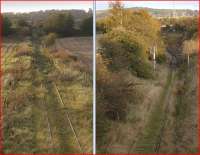 The former Glencorse branch on 16 October 2011. The left picture shows the view west from the A6106 towards Gilmerton along the last stub of track, with the remains of the branch having been lifted earlier this year [see image 32996]. The picture on the right shows the view in the opposite direction towards the south end of Millerhill Yard. This area was latterly refurbished and resignalled in connection with rounding manoeuvres for a short-lived car service to/from Bathgate. The plan is for the Borders Railway to cross the former branch in this area. No need for a bridge then...<br>
<br><br>[Bill Roberton 16/10/2011]