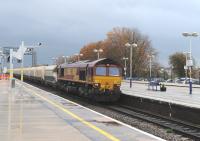 66108 runs through Didcot with a westbound freight on a wet and overcast 3 November 2011.<br><br>[Peter Todd 03/11/2011]