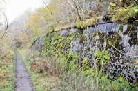 For some of the way between Invergarry and Aberchalder the line ran alongside Loch Oich on a shelf blasted out from rock.This retaining wall protects the trackbed from landslip about a mile and a half from Invergarry.<br><br>[John Gray 07/11/2011]