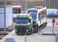 Tram 276 arrives at Gogar tram depot on 15 November 2011, with the cab unit to the fore and the centre car in the background.<br><br>[Bill Roberton 15/11/2011]