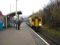 150285 runs into Ton Pentre on the 13.36 service from Cardiff to Treherbert on 16 November 2011. <br><br>[David Pesterfield 16/11/2011]