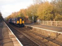 Northern Rail 150203 heads south through Kearsley on 14 November with the 12.23 Preston to Hazel Grove service. <br><br>[David Pesterfield 14/11/2011]
