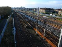 The last of the Gallowhill Sidings remains in the foreground with the lines between Wallneuk Junction and Arkleston Junction being remodelled to the right. The view looks west.<br><br>[Ewan Crawford 27/11/2011]