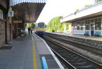 Looking north along platform 1 at Abergavenny on 8 September 2007 as an Arriva Trains Wales service arrives at the station.<br><br>[John McIntyre 08/09/2007]