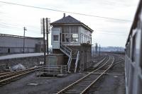 Passing Bathgate Central Box on 7 March 1971 with the disused engine shed visible over to the left. [See image 36936]<br><br>[Bill Jamieson 07/03/1971]