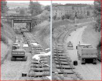 Looking south (left image) and north from the bridge carrying Slateford Road over the 'Sub' in September 1995. The line was being relaid during an enforced and lengthy closure following a fire at Haymarket East Relay Room.  The route south runs below the bridge carrying the Haymarket East Junction - Slateford Junction line [see image 22455] with the Pentland Hills forming the backdrop. The view north shows the route curving to the right past the site of Gorgie East station towards Gorgie Junction.<br><br>[Bill Roberton /09/1995]