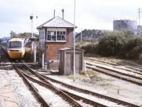 An HST bound for Newquay photographed at Goonbarrow Junction signal box in October 1992. In the background are the works and exchange sidings of the Rocks china clay complex.<br><br>[Ian Dinmore /10/1992]