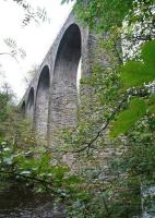 Looking up at Camps Viaduct on 10 October 2011. View is south east from the footpath on the west side of the River Almond.  [see image 35972]<br><br>[John Furnevel 10/10/2011]