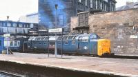 Deltic 55014 <I>The Duke of Wellington's Regiment</I> about to restart a train from Edinburgh Haymarket on 22 April 1981 for the short hop to Waverley.<br><br>[Peter Todd 22/04/1981]