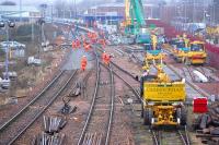 Extensive PW work in Fife during closure of the coast line on 12 February included replacement of the crossover at Kirkcaldy station  and removal of the up siding (a last remnant of the old goods yard).<br><br>[Bill Roberton 12/02/2012]