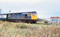 27008 departing from Forres with an eastbound train during the late morning of Friday 29 August 1980.<br><br>[Peter Todd 29/08/1980]