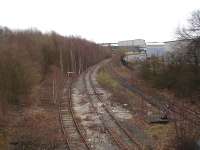Mothballed track running towards the closed Harworth Colliery rapid loading bunker - sited just beyond the left hand curve. View from Blyth Road on 14 February 2012. <br><br>[David Pesterfield 14/02/2012]