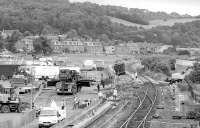 Aftermath of a coal train derailment at Burntisland seen looking north in July 1998 with a couple of hopper wagons still awaiting recovery. The cross-over was not reinstated.<br><br>[Bill Roberton /07/1998]