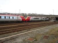 Virgin Super Voyager 221102 leads sister unit 221109 into Holyhead station on 29 February 2012 with the 12.50 arrival from London Euston. <br><br>[David Pesterfield 29/02/2012]