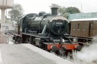 Bewdley station on the Severn Valley Railway in 1979. Ivatt class 2 2-6-0 no 6443 stands ready for duty. <br><br>[Colin Miller //1979]