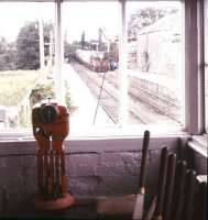 View from the disused signal box at Gort, Co Galway, in July 1988, with a cement train standing in the background.<br><br>[Ian Dinmore /07/1988]