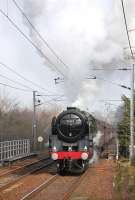 Britannia Pacific 70013 <I>Oliver Cromwell</I> approaching Kingsknowe at speed on 24 March 2012 with 'The Auld Reekie' charter.<br><br>[Bill Roberton 24/03/2012]