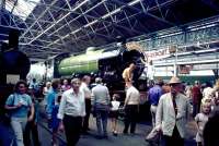 Scene at Shildon Wagon Works in September 1975 during the exhibition held to commemorate the 150th anniversary of the Stockton & Darlington Railway. Preserved ex-LNER class D49 4-4-0 no 246 <I>Morayshire</I> is amongst the exhibits on display. [See image 38245]<br><br>[John Thorn /09/1975]