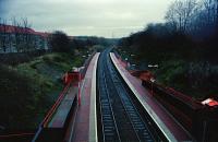 Lambhill station looking east in early 1994 when still relatively new (opened December 1993). The station was renamed Gilshochill in 1998. [See image 18305]<br><br>[Ewan Crawford //1994]