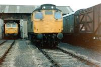 A Class 27 stands in the shed yard at Aberdeen, Ferryhill, in October 1981.<br><br>[Colin Alexander 24/10/1981]