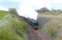 Stanier Pacific no 46233 <I>Duchess of Sutherland</I> approaching Polquhap summit, near Cumnock, on 26 April 2012 with the 'Great Britain V' railtour.<br><br>[John Robin 26/04/2012]
