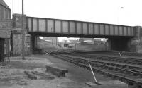 Looking north under Castle Terrace road bridge, Aberdeen, on 26 May 1973, with the remains of Waterloo station behind the photographer. The DMU approaching the former terminus is the SLS/SRA 'Buchan and Mearns Railtour' originating from Glasgow Queen Street. [See image 30366]<br><br>[John McIntyre 26/05/1973]