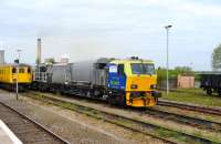 A Networrk Rail track cleaning unit standing in the sidings at Didcot on 17 May 2012. <br><br>[Peter Todd 17/05/2012]