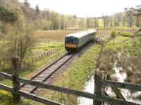 The 14.00 Dufftown - Keith DMU approaching Drummuir on Sunday 20 May 2012.<br><br>[John Furnevel 20/05/2012]