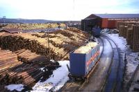Bespoke containers laden with woodchip wait to be hauled to the Baltic coast from this sawmill west of Borlange on the Malung branch line in Sweden. The containers are no less than 10'3 high (compared to a 9'6 limit in Britain), maximising the payload of material to be delivered to a rail-connected paper mill some 100 miles distant at Gavle. This view was taken in 1998 during a business visit to assess load-carrying methods for movement of woodchip from a proposed railhead on the Maxwelltown branch to the Shotton paper mill in north east Wales - a scheme which was abandoned when Shotton Paper switched from use of virgin fibre to 100% recycled material.<br><br>[David Spaven //1998]