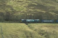 DRS 66301 with the empty Tesco containers south of Dalwhinnie on 13 April 2012 on their way back from Inverness to Mossend yard.<br><br>[Graham Morgan 13/04/2012]
