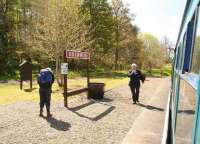Almost ready to leave Drummuir for Keith Town on a glorious 20 May 2012 after dropping off a walker, with volunteer guard Steve Rhodes about to reboard the train for the off.   <br><br>[John Furnevel 20/05/2012]
