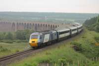 The 0755 Inverness to Kings Cross through service powers round the curve at the south end of Culloden Viaduct and starts the climb towards Moy. 43317 was the leading HST power car with 43315 bringing up the rear.<br><br>[Mark Bartlett 04/07/2012]