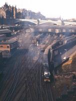 Train 1A35, the Deltic hauled up <I>'Flying Scotsman'</I>, powers out of Waverley at 10am on 12th August 1961.<br><br>[Frank Spaven Collection (Courtesy David Spaven) 12/08/1961]