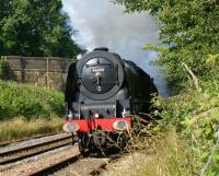 Having been held at Lostock Hall Junction, no 46233 <I>Duchess of Sutherland</I> emerges from under the A674 road at Hoghton on 21 July 2012 on the climb to the summit with the 'Cumbrian Mountain Express' from Crewe to Carlisle via Manchester and the S&C.<br><br>[John McIntyre 21/07/2012]