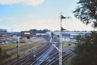 Part of Inverness's rail network in 1981, looking from the old Longman Road bridge, towards the Rose Street signal box.<br><br>[Peter Todd //1981]