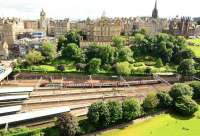 View from the Scott Monument on 25 July showing the west end of Waverley Station with a CrossCountry train approaching the platforms. <br><br>[John Gray 25/07/2012]