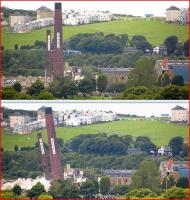 Above - a ScotRail 170 unit passes the doomed chimneys of the Caldwells/Inveresk paper mill at Inverkeithing on 12 August 2012.<br> Below - ten minutes later and the scene changes forever....<br><br>[Bill Roberton 12/08/2012]