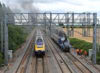 An HST passes 4464 <I>Bittern</I> on the GW main line at Challow on 13 August 2012 [see image 39951].<br><br>[Peter Todd 13/08/2012]